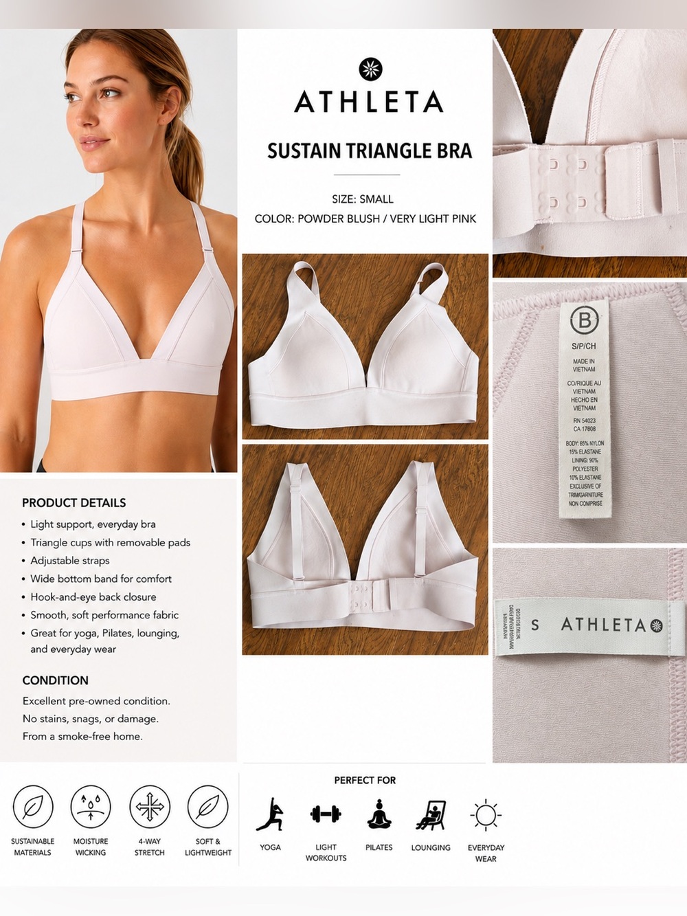Athleta Sustain Triangle Bra Women’s Size Small Light Pink Wireless
